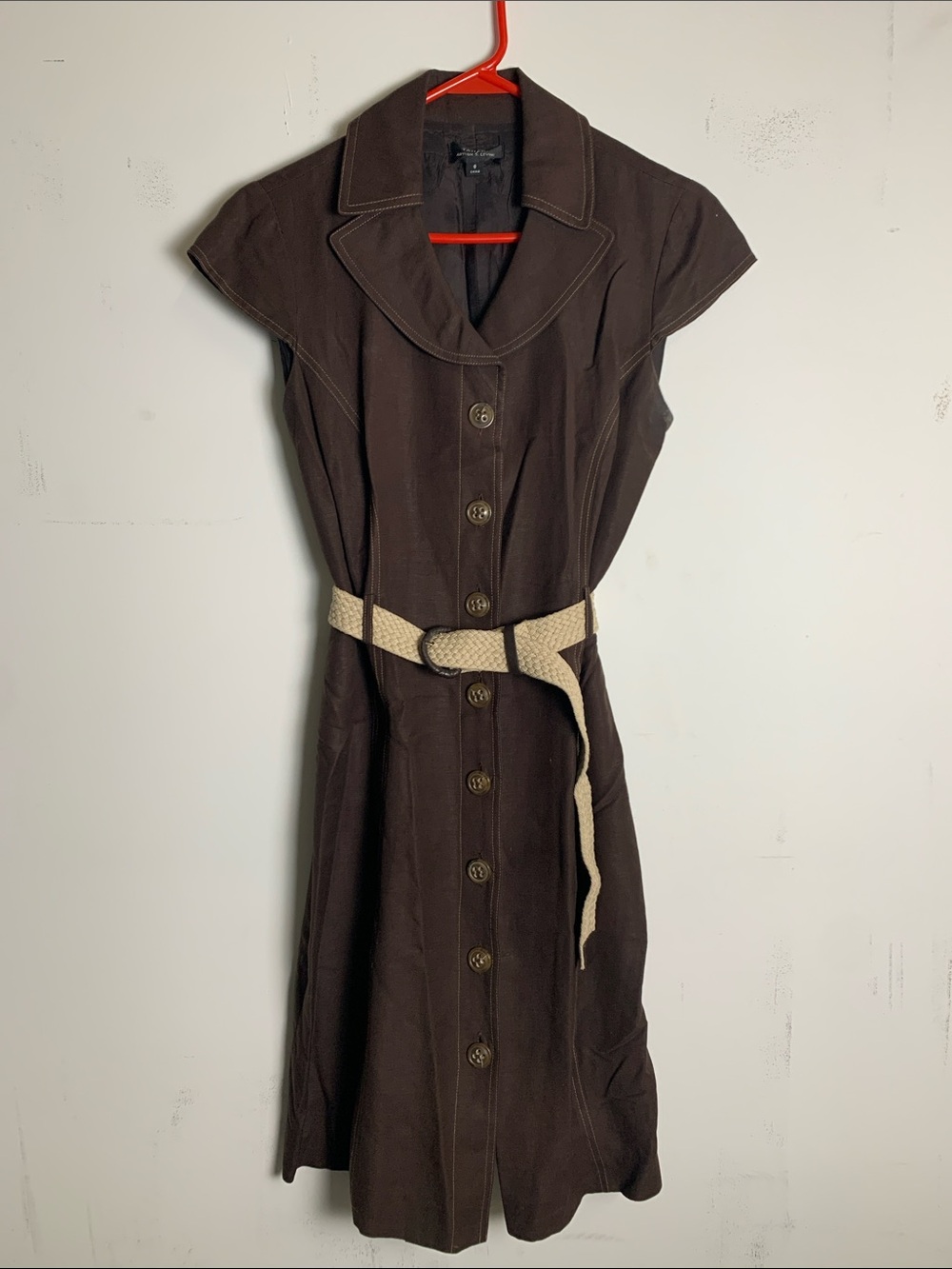 Brown Button-Front Midi Dress with Belt